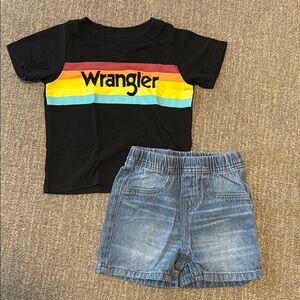 Wrangler Black Tee with Stripes and Denim Shorts
